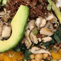 Chopped Kale Salad · Grated granny smith apples, mixed with red quinoa, Goat cheese, avocado, mandarin oranges, c...