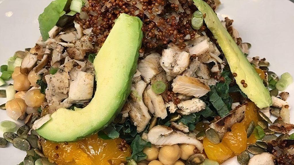 Chopped Kale Salad · Grated granny smith apples, mixed with red quinoa, Goat cheese, avocado, mandarin oranges, chickpeas, scallions, and pumpkin seeds.