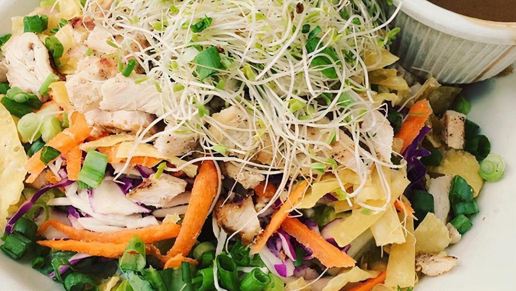 Asian Chopped Salad · Red and green cabbage, tomatoes, scallions, carrots, sprouts crispy wontons, garden greens with carrot ginger dressing.