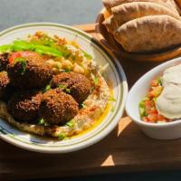 Hummus Falafel Main  (Vegan) · Hummus Topped w/Falafel Balls, Side of Chopped Mediterranean Salad, Pita Bread