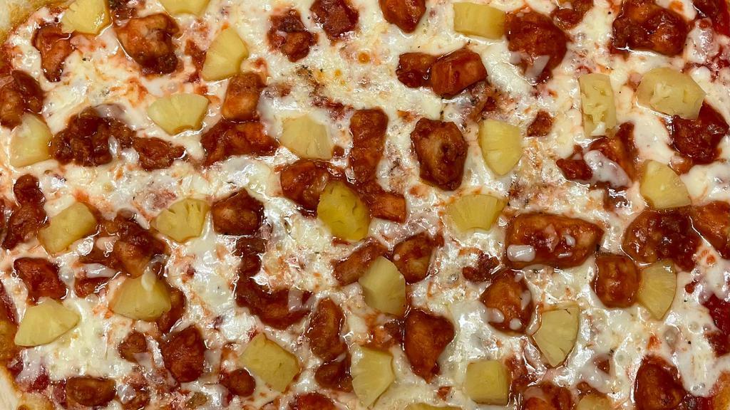 Bbq Chicken Pineapple Pizza · Pineapple and Fried Chicken Bites Coated in BBQ Sauce