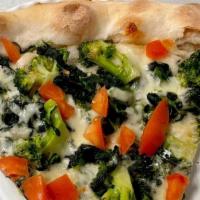 Vegetable Slice · Mozzarella Cheese, Diced Tomatoes, Spinach, Broccoli, and Garlic