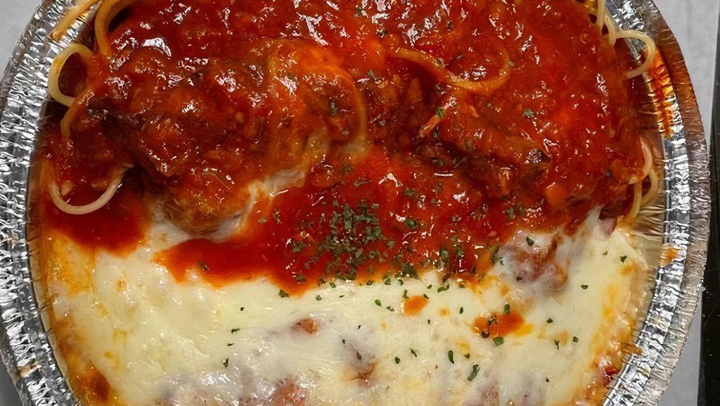 Veal Parmigiana W Pasta · Breaded Veal Cutlet Baked in Marinara Sauce & Topped with Mozzarella Cheese and Parsley alongside Your Choice of Pasta