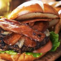 Cowboy Bbq Burger + Fries · All beef patty smothered in Cheddar Cheese, Hickory BBQ Sauce, Cherrywood smoked bacon, Cris...