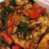 Spicy Basil Stir-Fry (Pad Gra-Pow) · <br />Mix bell pepper, white onions, thai basil leaves & sautéed in a spicy basil sauce serv...