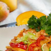 Stir-Fry Mango · mango, scallions, mixed bell peppers, white onions, and spicy mango sauce. Served with 8oz w...