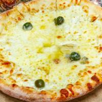 Pizza Ai Quattro Formaggi · Gorgonzola, goat cheese, fontina, mozzarella and picholine olives (with pits).