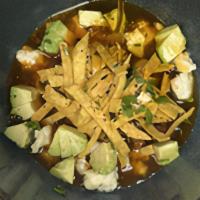 Chicken Tortilla Soup · Red chile chicken, pasilla chile broth, crispy corn tortilla strips, avocado, queso fresco. ...