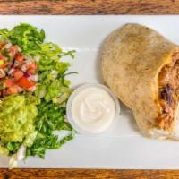 Grilled Chicken Burrito · Flour tortilla wrap with cheese, rice, beans, and chicken. Served with lettuce, pico de gall...