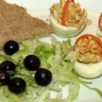 Egg Salad Platter · Served with lettuce, tomato, cucumber, coleslaw, potato salad, peppers and hard boiled egg.