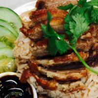 Kao Nar Ped Krob Lunch Special · Crispy quarter duck breast over rice, Chinese broccoli, pickle mustard greens and pickle gin...