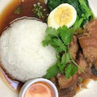 Kao Kha Moo Lunch Special · Braised pork belly in five spiced broth over rice, Chinese broccoli, pickle mustard greens, ...