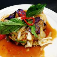 Sauteed Eggplant Basil Lunch Special · Thai chili, eggplant, onion, bell pepper and Thai basil leaves. Spicy.