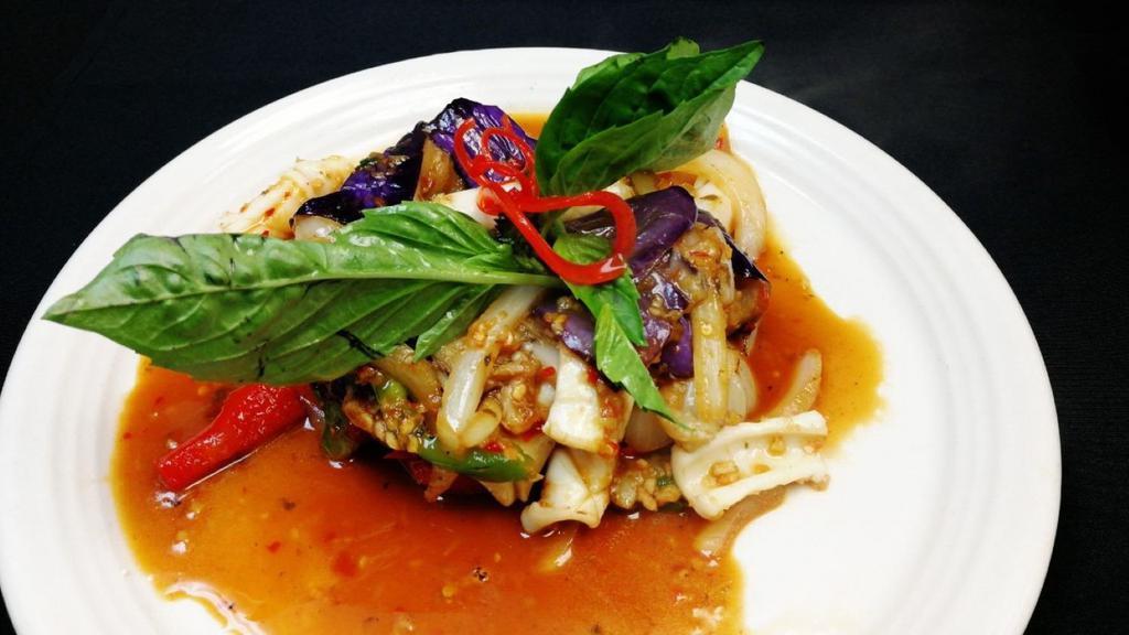 Sauteed Eggplant Basil Lunch Special · Thai chili, eggplant, onion, bell pepper and Thai basil leaves. Spicy.