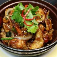 Up Thai Fried Rice Claypot · Sea scallop, shrimp, chicken, Chinese sausage, onion, scallions and shiitake mushrooms.