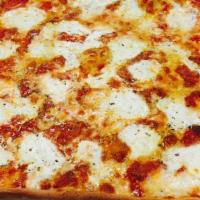 Grandma Sicilian Pizza · Thin crust with burrata fresh mozzarella, crushed tomatoes, Romano cheese, and olive oil.