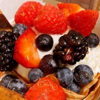 Berry Lover Ice Cream Crepe · Strawberry, blueberry, raspberry, blackberry, maple syrup, and coconut ice cream.