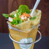 Chicken Teriyaki Crepe · Chicken breast, baby spinach, carrots, corn, sesame seed, sesame dressing, and teriyaki sauce.