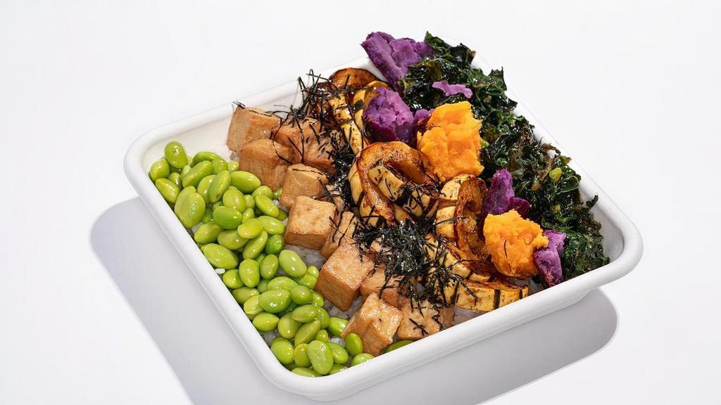Macro Bowl · Seasoned rice with shelled Edamame, Miso, Marinated Tofu, Roasted Five Spice Squash, Spicy Sriracha Kale, Roasted Sweet Potatoes, and Crispy Shallots! Served with a choice of Carrot Ginger Dressing, or Sesame Dressing. **Vegan**