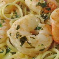 Linguine With Shrimp Scampi · Shrimp, parsley, garlic, butter, lemon white whine. Served with fresh bread, choice of optio...