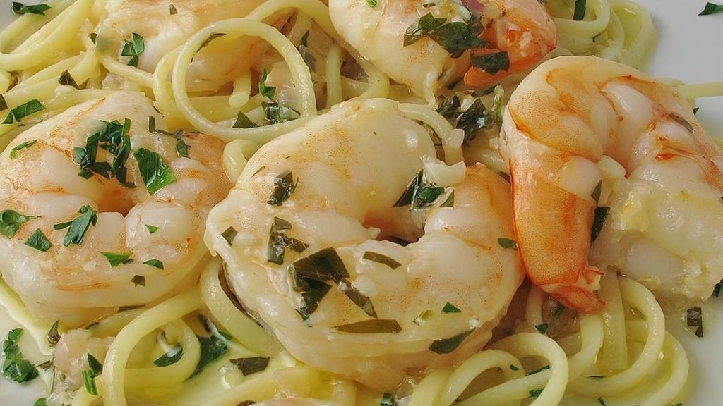 Linguine With Shrimp Scampi · Shrimp, parsley, garlic, butter, lemon white whine. Served with fresh bread, choice of optional protein and vegetable add-on's.
