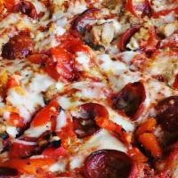 Spicy Ferrari Pizza · Spicy. Red sauce, cup and char pepperoni, hot Italian sausage, roasted red peppers, parmesan...