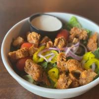 Buffalo Chicken Salad · Chicken tenders, grape tomatoes, red onion, banana peppers, crumbly blue, and ranch dressing.