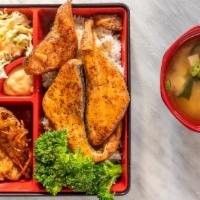 Salmon Teriyaki Box · Salmon teriyaki served with white rice, fried kakiage, Japanese coleslaw and miso soup.