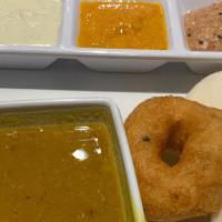 Idli Vadai Combo · 2 pieces idli and medhu vadai served with varieties of chutney, sambar and gun powder- milag...