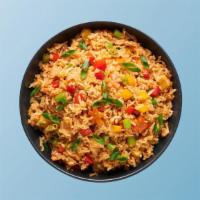 Hawkers Veggie Fried Rice · Long grain aromatic rice wok tossed with seasonal fresh vegetables and Indo-Chinese sauces.