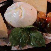 Burrata Appetizer · home-made burrata with prosciutto di Parma and grape tomatoes
