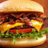 The Texan Burger · Fresh 1/3lb beef patty with BBQ sauce, bacon strips, and pepper jack cheese.