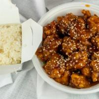 Sesame Chicken · Served with sauce on the side and white rice. no oil.