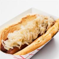 Beef Dog · Hebrew national beef dog served with Sabrett kraut top-loaded on a New England hot dog bun.