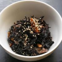 Hijiki · Sauteed seaweed with a soy-based sauce.