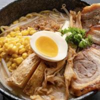 Kome Miso Cha-Shu Ramen · Kome miso, pork and chicken-based soup. Topped with 3 pieces miso pork cha-shu, ground pork,...