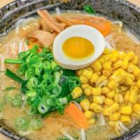 Kome Miso Yasai Ramen · Extra vegetables. Kome miso, pork and chicken-based soup. Topped with ground pork, bean spro...