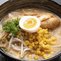 Kome Miso Ramen · Standard rich flavor miso base soup. Topped with bean sprouts, scallion, corn, fried potato,...