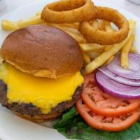 Cheeseburger Deluxe · 8 oz.  100 % Certified Angus Burger. Served with lettuce, tomato, onion, coleslaw, and pickle.