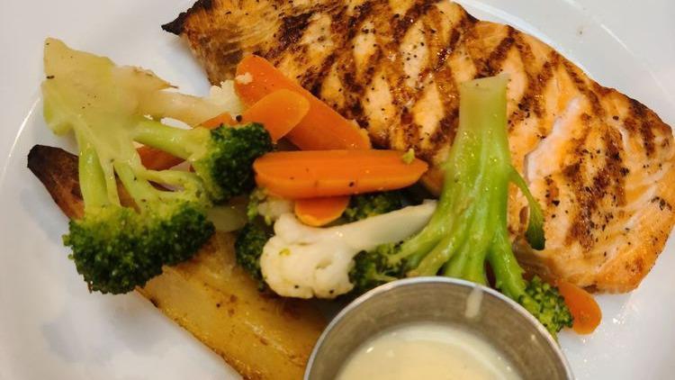 Salmon Grilled · Fresh Atlantic salmon grilled & served with Dijon mustard sauce.
