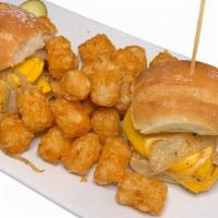 Cheeseburger Sliders · sautéed onions, pickles, american cheese