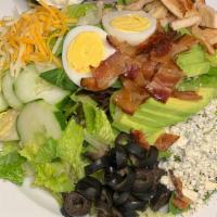 Cobb Salad · mixed greens, grilled chicken, bacon, hard boiled egg. tomato, cucumber, red onion avocado, ...
