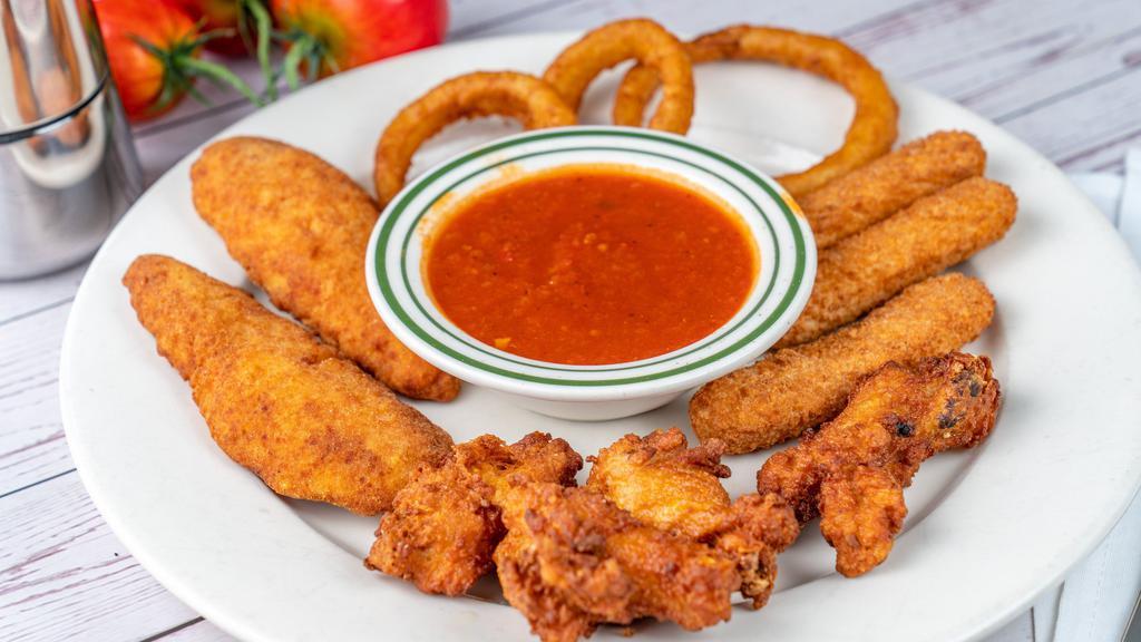 Combination Appetizer Platter · Three chicken fingers ,three buffalo wings, three mozzarella sticks and three onion rings.