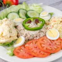 Tuna Salad Platter · White meat tuna salad with potato salad, cole slaw, hard boiled egg, sliced tomatoes and veg...