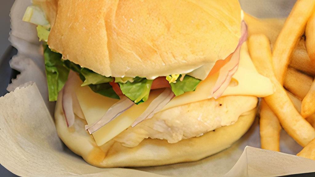 Grilled Chicken Sandwich · A grilled chicken breast served with lettuce, tomato, onion and your choice of cheese on a kaiser roll.