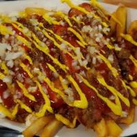 Mac’S Plates · Mac salad and French fries topped with a 1⁄2 lb. of your choice of meat, diced onions, ketch...