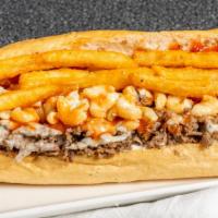 Fat Mac · A cheesesteak served in an Amoroso roll, topped with mac salad, french fries, ketchup, hot s...