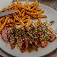 Flat Iron Steak · Garlic Herb Butter & Rosemary Fries