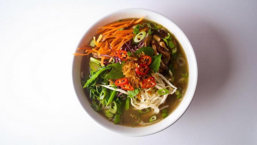 Mushroom Pho (Gf, V) · Mushrooms, thai basil, chilies, cilantro, bean sprouts, chinese broccoli, red cabbage, carrots and lime.