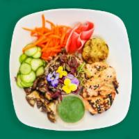 Koji Marinated Salmon (Gf) · with wild rice, shiitake mushrooms, pickled carrots, cucumbers, lime, sesame seeds and cilan...